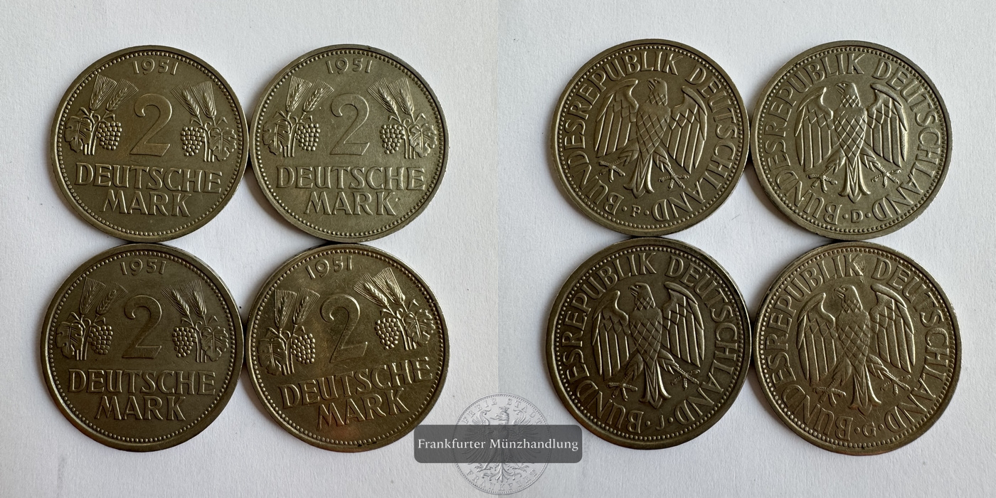  Lot: BRD 4x 2 DM 1951 D, F, G, J FM-Frankfurt KM#111 CuNi 28g   