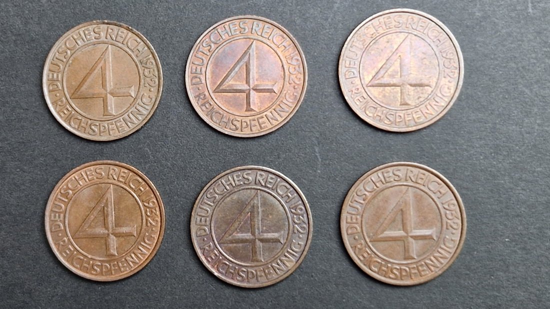 Weimarer Republik 6 x 4 Reichspfennig 1932 A D E F G J kmpl. Satz   