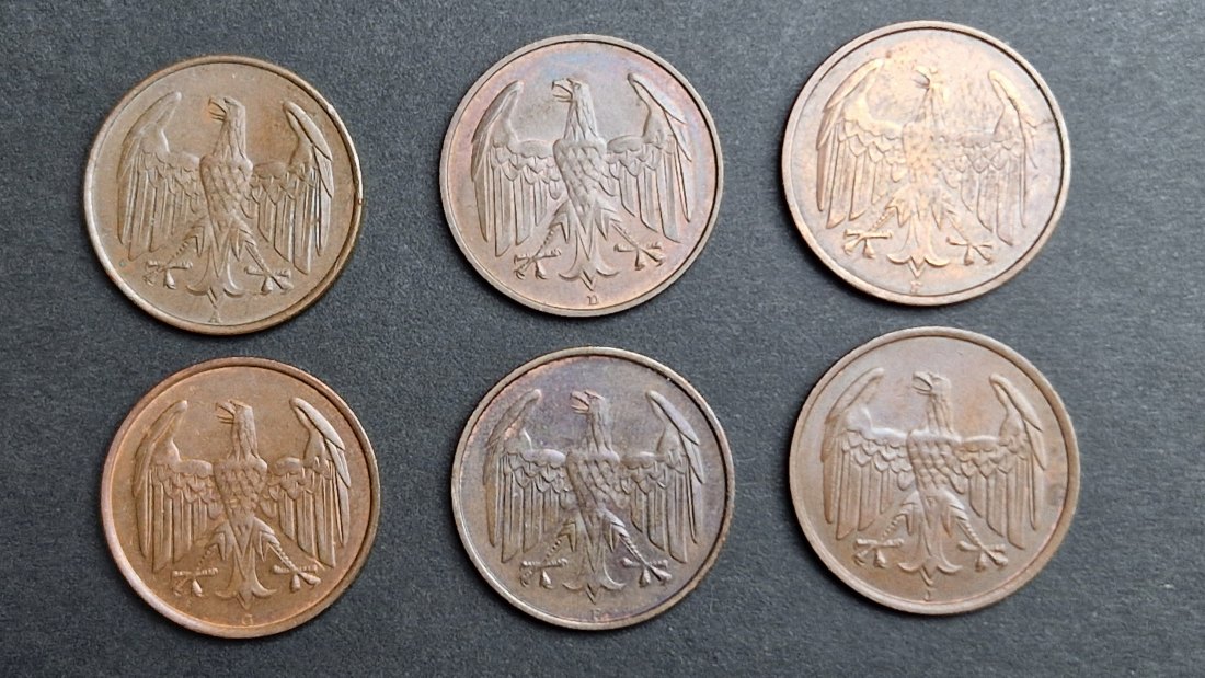  Weimarer Republik 6 x 4 Reichspfennig 1932 A D E F G J kmpl. Satz   