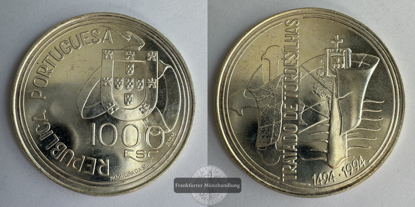  Portugal 1000 Escudos 1994 Treaty of Tordesillas FM-Frankfurt KM#675 Feinsilber: 14g   
