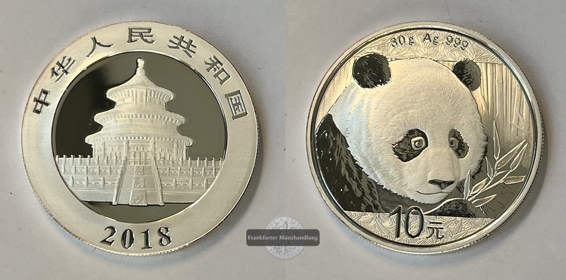  China 10 Yuan  2018  Panda KM#2410 FM-Frankfurt  Feinsilber: 29,97g   