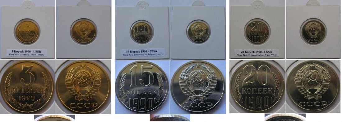  1990,USSR, set 3 pcs prooflike coins: 3-15-20 Kopeck   