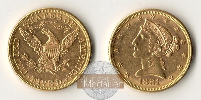 USA  5 Dollar MM-Frankfurt   Feingold: 7,52g Half Eagle 1881 