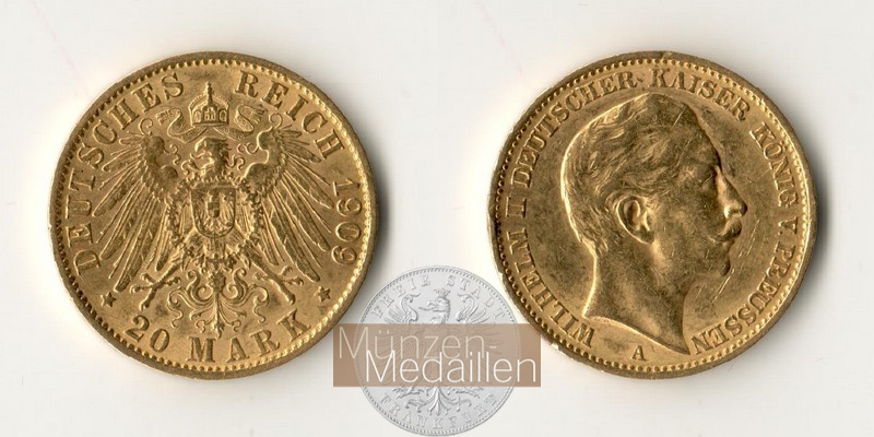 Dt. Kaiserreich Preussen, Wilhelm II MM-Frankfurt KM#521 Feingold: 7,17g 20 Mark (1890-1913) 1909 A 