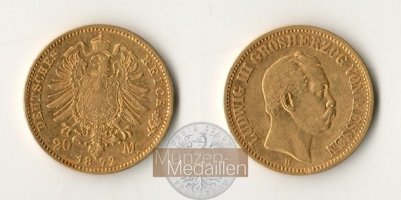 Dt. Kaiserreich. Hessen, Ludwig III MM-Frankfurt Feingold: 7,17g 20 Mark 1872 H 