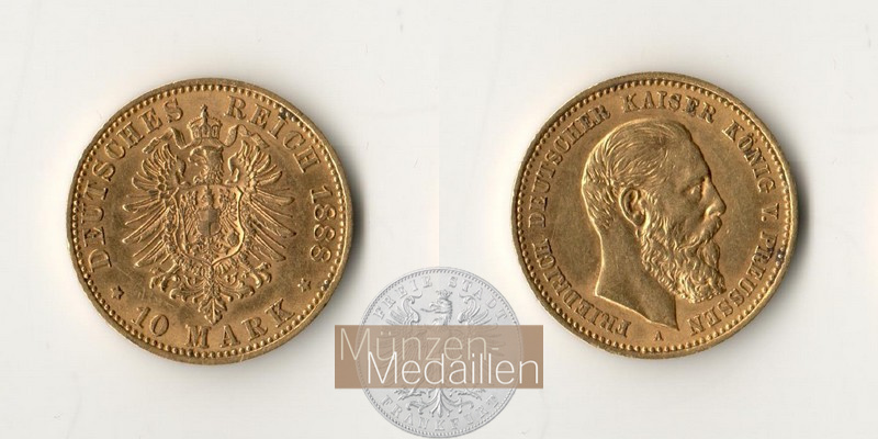 Dt. Kaiserreich Preussen, Friedrich III. MM-Frankfurt Feingewicht: 3,58g Gold 10 Mark 1888 A 