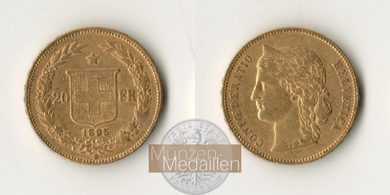 Schweiz, Eidgenossenschaft seit 1850 MM-Frankfurt Feingewicht: 5,81g 20 Franken Helvetica 1895 B 