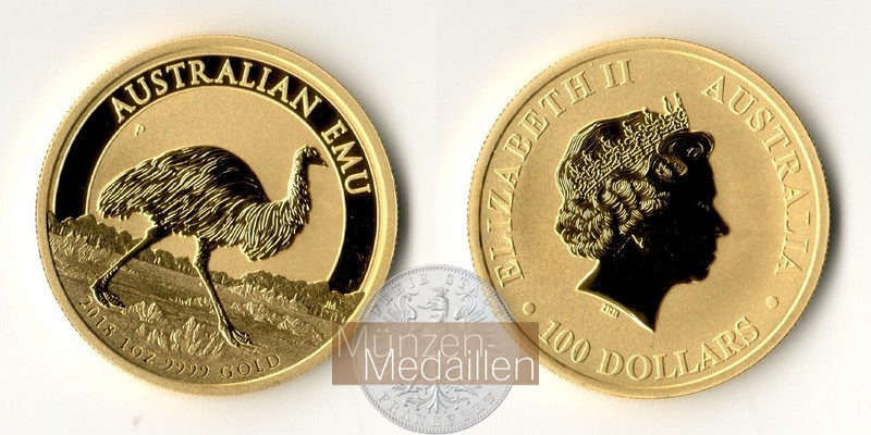 Australien  100 Dollars MM-Frankfurt Feingold: 31,1g Emu 2018 