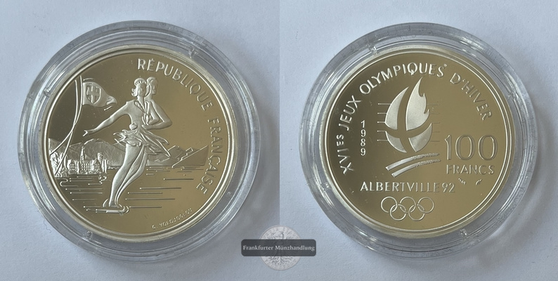  Frankreich  100 Francs  1989 Olympische Spiele  Albertville 1992  FM-Frankfurt Feinsilber: 19,98g   