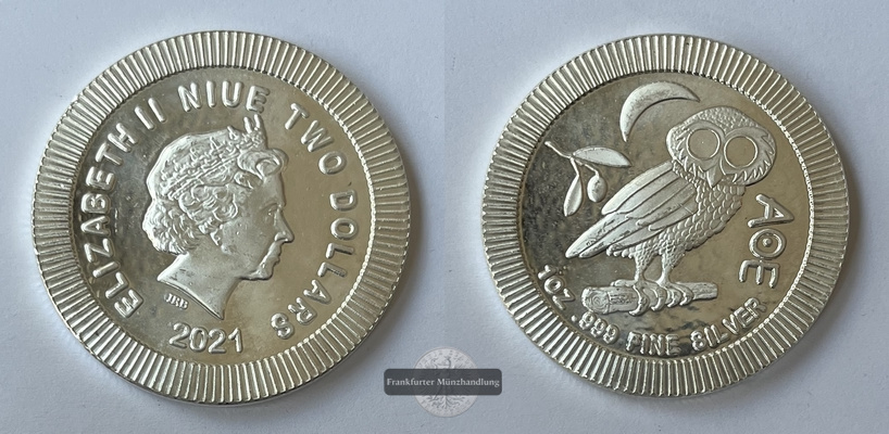  Niue 2 Dollar  2021 Athena Eule KM#1429.1 FM-Frankfurt  Feinsilber: 31,06g   