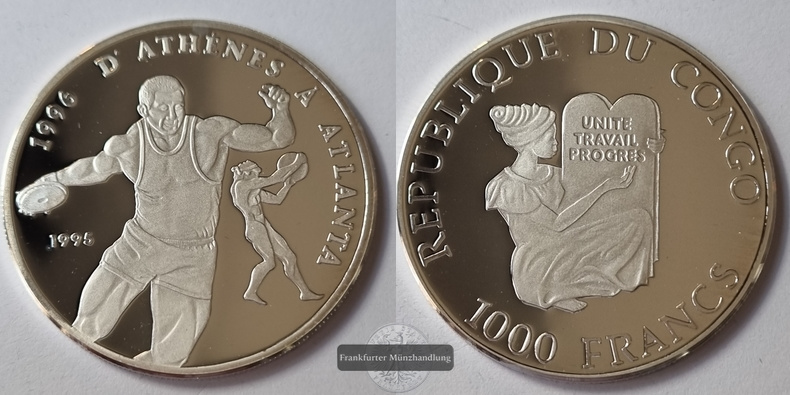  Congo 1995 1000 Francs Olympische Spiele Atlanta 1996 FM-Frankfurt Feinsilber: 19,9g   