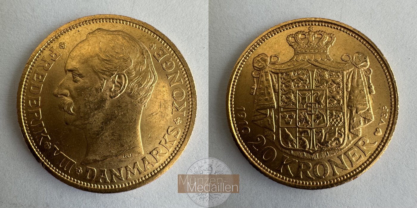 Dänemark, Frederik VIII MM-Frankfurt KM#810 Feingold: 8,06g 20 Kronen (1908-1912) 1910 