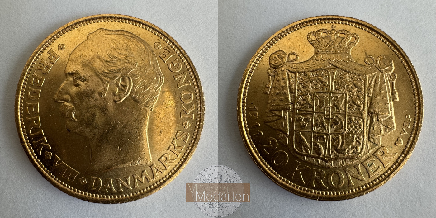 Dänemark, Frederik VIII MM-Frankfurt KM#810 Feingold: 8,06g 20 Kronen (1908-1912) 1911 