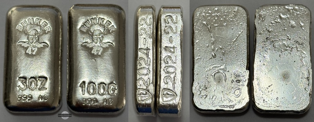  3oz & 100g Silberbarren * 2024 Bunker 47  FM-Frankfurt Feinsilber: ca. 198g   