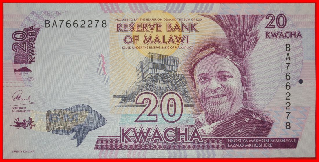 Ⰶ GREAT BRITAIN 2014-2020: MALAWI★20 KWACHAS 2016 SHIP M'MBELWA II 1860-1959★LOW START ★ NO RESERVE!