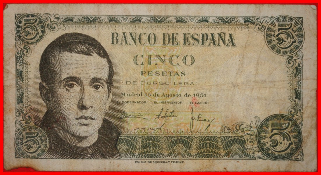 Ⰶ2 SOLD GENERALISSIMO FRANCO 1947-1975:SPAIN★5 PESETAS 1951 BALMES 1810-1848★LOW START ★ NO RESERVE!