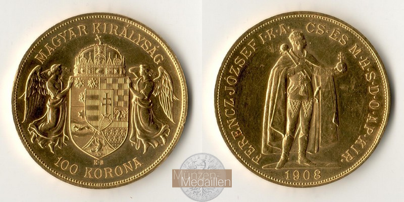 Ungarn, Franz Joseph I. MM-Frankfurt Feingold: 30,49g 100 Kronen 1908 KB 