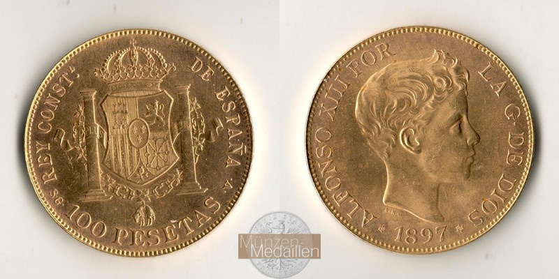 Spanien MM-Frankfurt Feingold: 28,8g 100 Pesetas (off. NP 1961) 1897 
