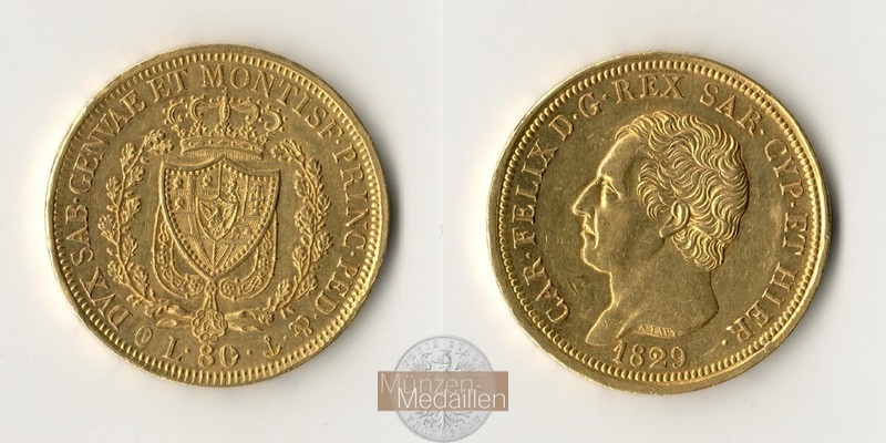 Sardinien, Karl Felix 1821-1831. MM-Frankfurt Feingold: 23,22g 80 Lire 1829 P 