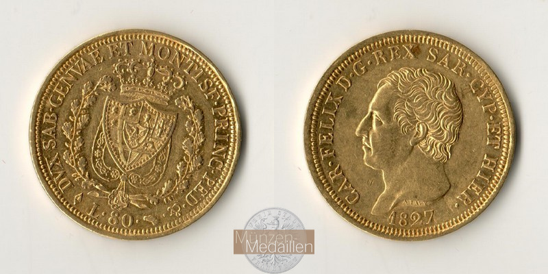 Sardinien, Karl Felix 1821-1831. MM-Frankfurt Feingold: 23,22g 80 Lire 1827 L 