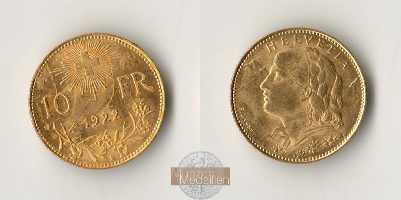 Schweiz  10 sFR MM-Frankfurt Feingold: 2,90g 1/2 Vreneli 1922 B 
