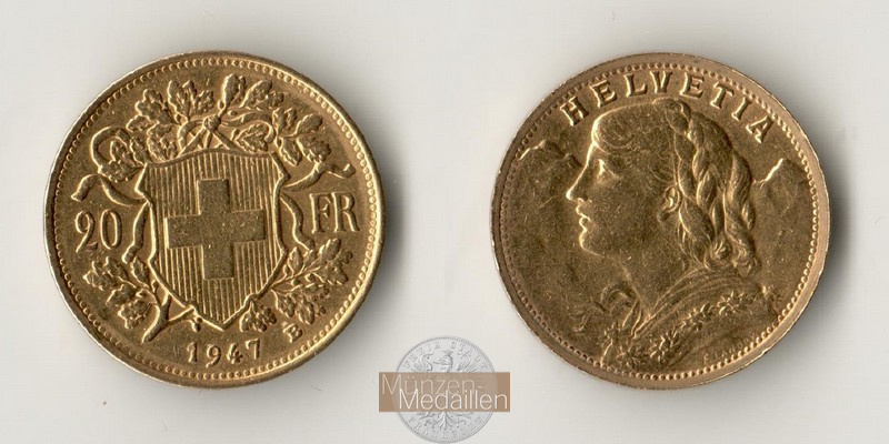 Schweiz  20sFR MM-Frankfurt Feingold: 5,81g Vreneli 1947 B 