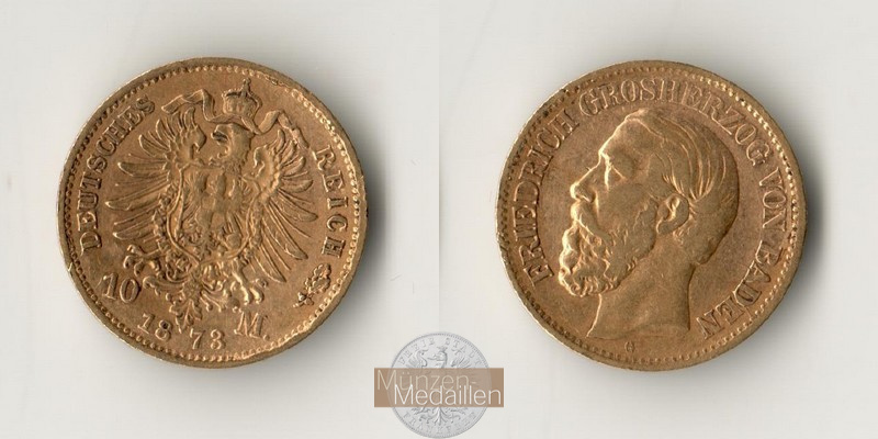 Baden, Königreich  10 Mark MM-Frankfurt  Feingewicht: 3,59g Gold Grosherzog Friedrich I. 1852-1907 1873 G 