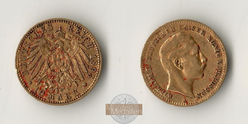 Preussen, Kaiserreich  10 Mark MM-Frankfurt Feingold: 3,58g Wilhelm II. 1888-1918 1893 A 