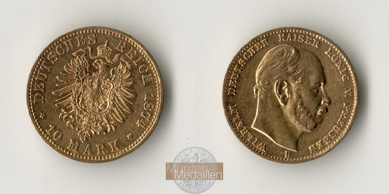 Preussen, Kaiserreich  10 Mark MM-Frankfurt Feingold: 3,58g Wilhelm I. 1874 B 