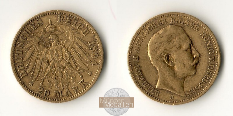 Preussen, Kaiserreich  20 Mark MM-Frankfurt Feingold: 7,17g Wilhelm II. 1891-1918 1894 A 