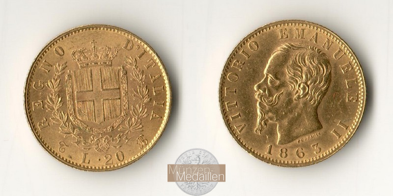 Italien, Vittorio Em. II. (1861-1878) MM-Frankfurt  Feingewicht: 5,81g 20 Lire 1863 