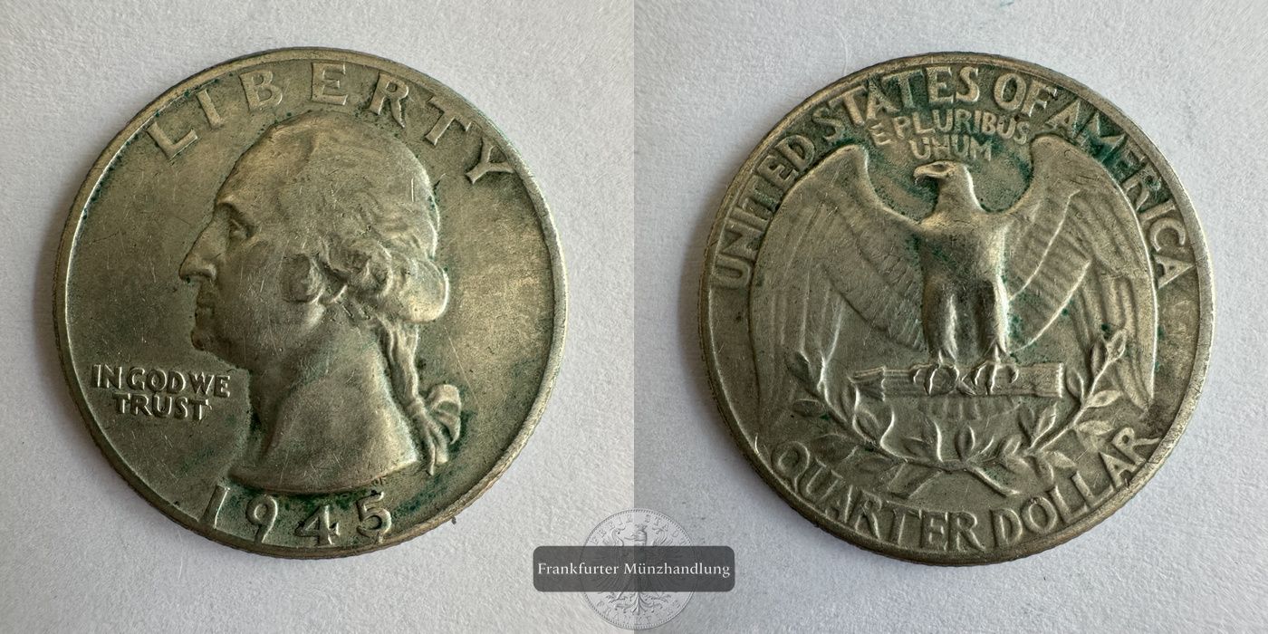  USA Quarter Dollar  1945  Washington Quarter FM-Frankfurt KM#164 Feinsilber: 5,62g   