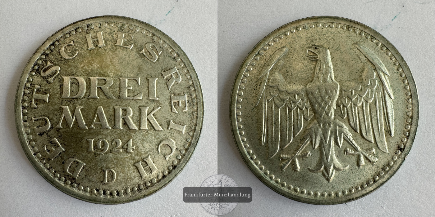  Dt. Reich 3 Mark 1924 D FM-Frankfurt KM#43 Feinsilber: 7,5g   