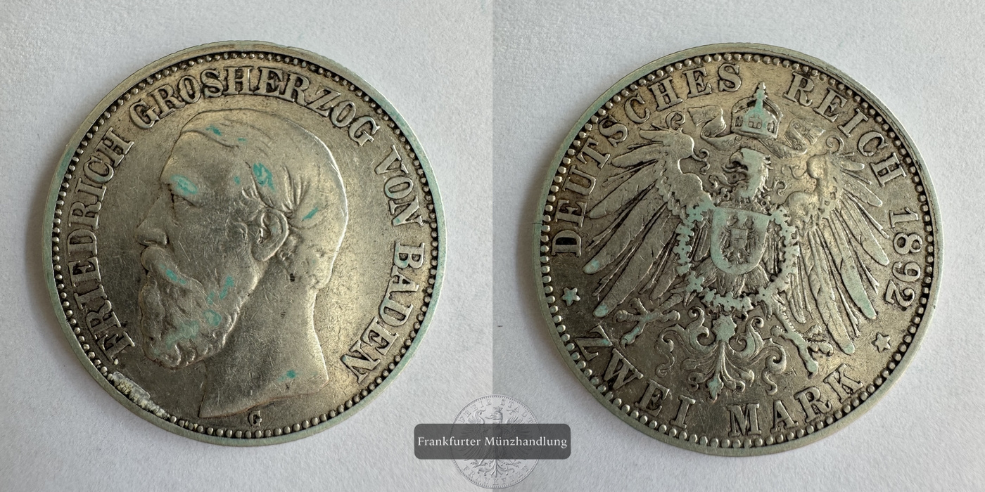  Dt. Kaiserreich Baden, 2 Mark 1892 Friedrich I. FM-Frankfurt KM#269 Feinsilber: 10g   