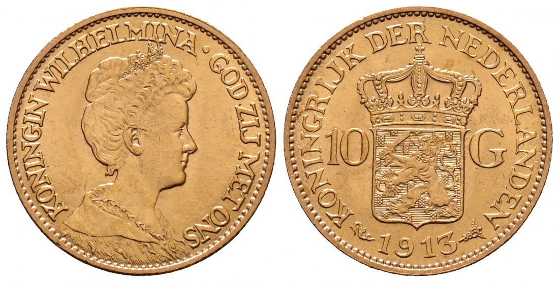 PEUS 2636 Niederlande 6,06 g Feingold. Wilhelmina (1890 - 1948) 10 Gulden GOLD 1913 Vorzüglich