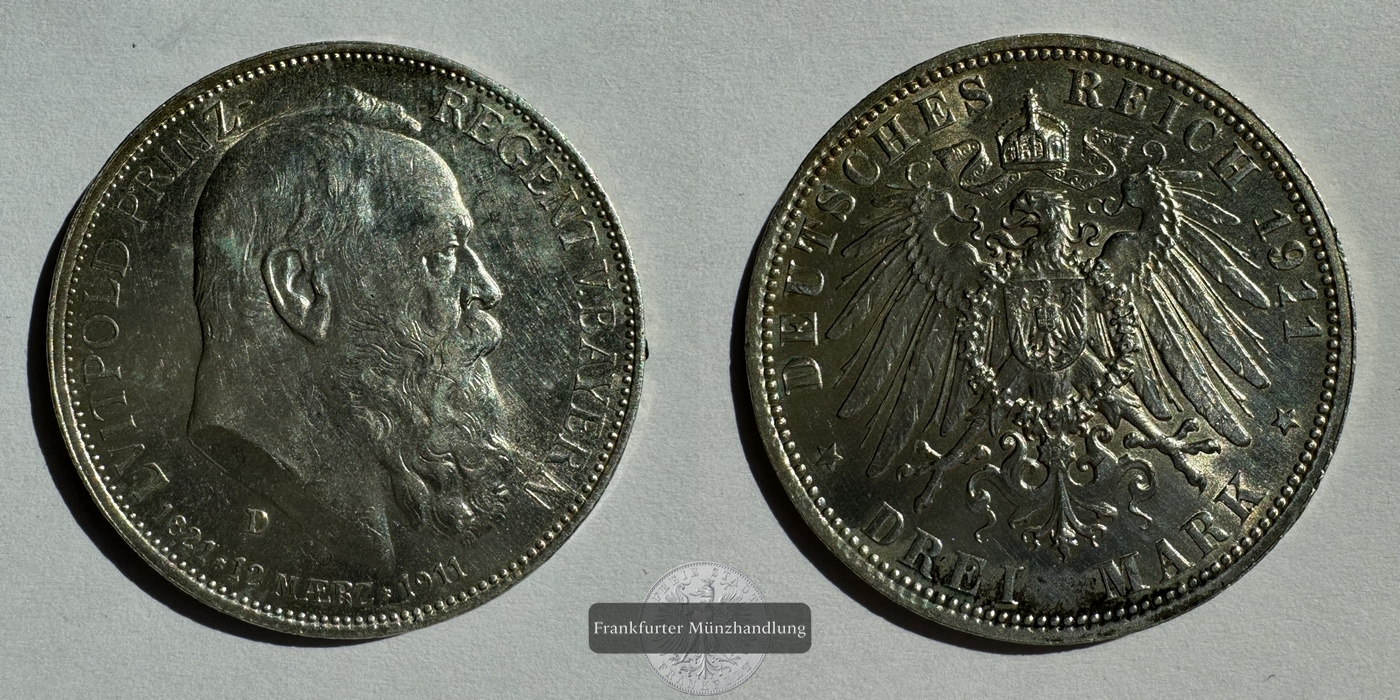  Dt. Kaiserreich Bayern 3 Mark 1911 90. Geb. v. Luitpoldt FM-Frankfurt KM#998 Feinsilber: 15g   