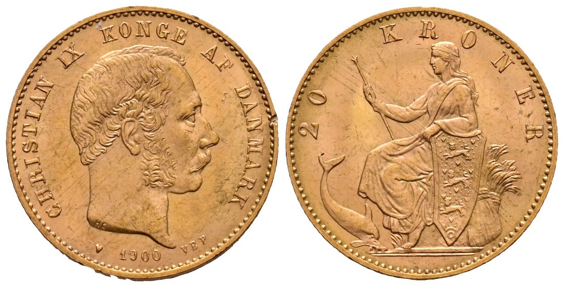 PEUS 2639 Dänemark 8,06 g Feingold. Christian IX. (1863 - 1906) 20 Kronen GOLD 1900 VBP Kl. Randfehler, Vorzüglich