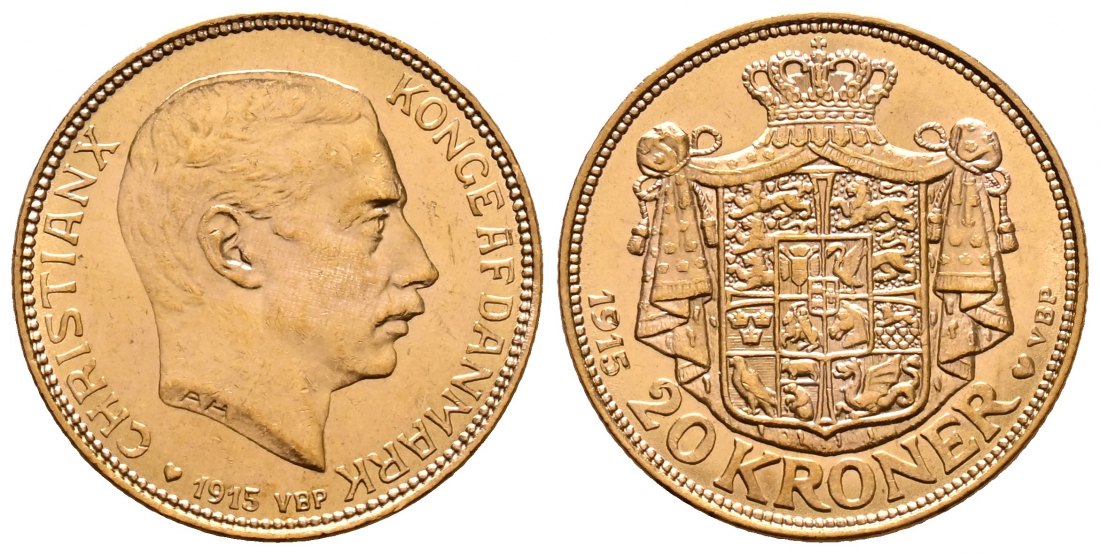 PEUS 2640 Dänemark 8,06 g Feingold. Kopenhagen Christian X. (1912 - 1947) 20 Kronen GOLD 1915 VBP Kl. Kratzer, Vorzüglich