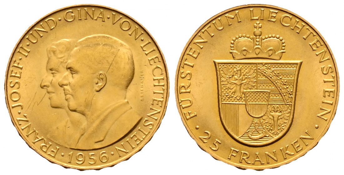 PEUS 2646 Liechtenstein 5,08 g Feingold. Franz Joseph II. (1938 - 1989) 25 Franken GOLD 1956 Bern Fast Stempelglanz
