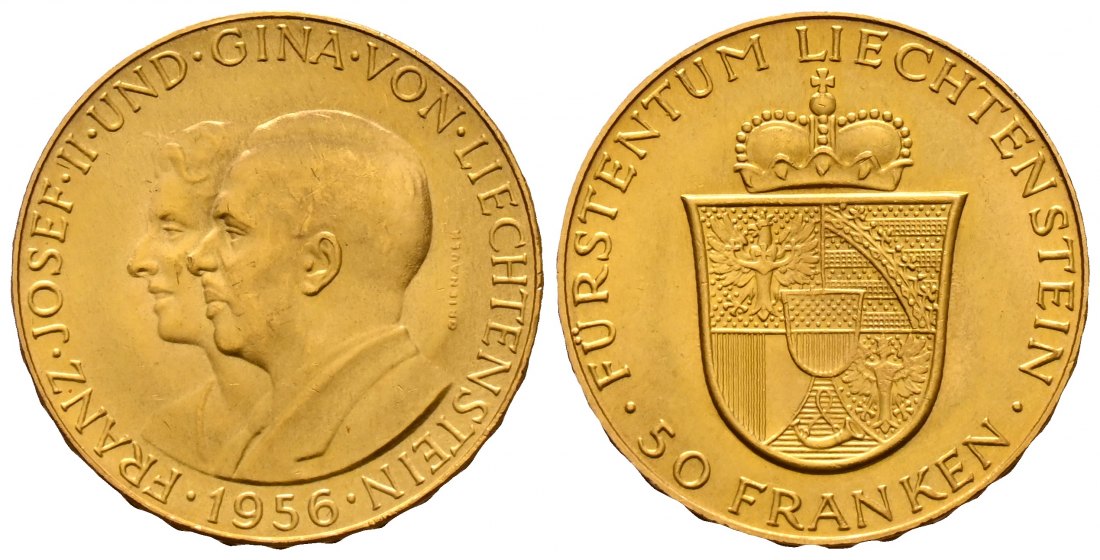 PEUS 2647 Liechtenstein 10,16 g Feingold. Franz Joseph II. (1938 - 1989) 50 Franken GOLD 1956 Bern Fast Stempelglanz