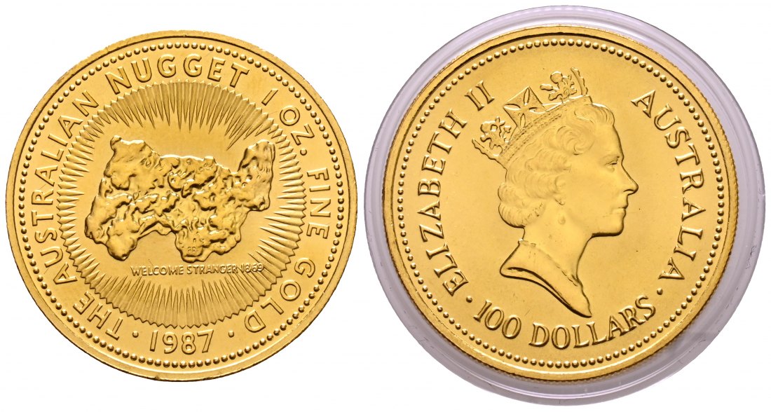 PEUS 2648 Australien 31,1 g Feingold. Welcome Stranger Nugget 100 Dollars GOLD Unze 1987 Uncirculated (Kapsel)