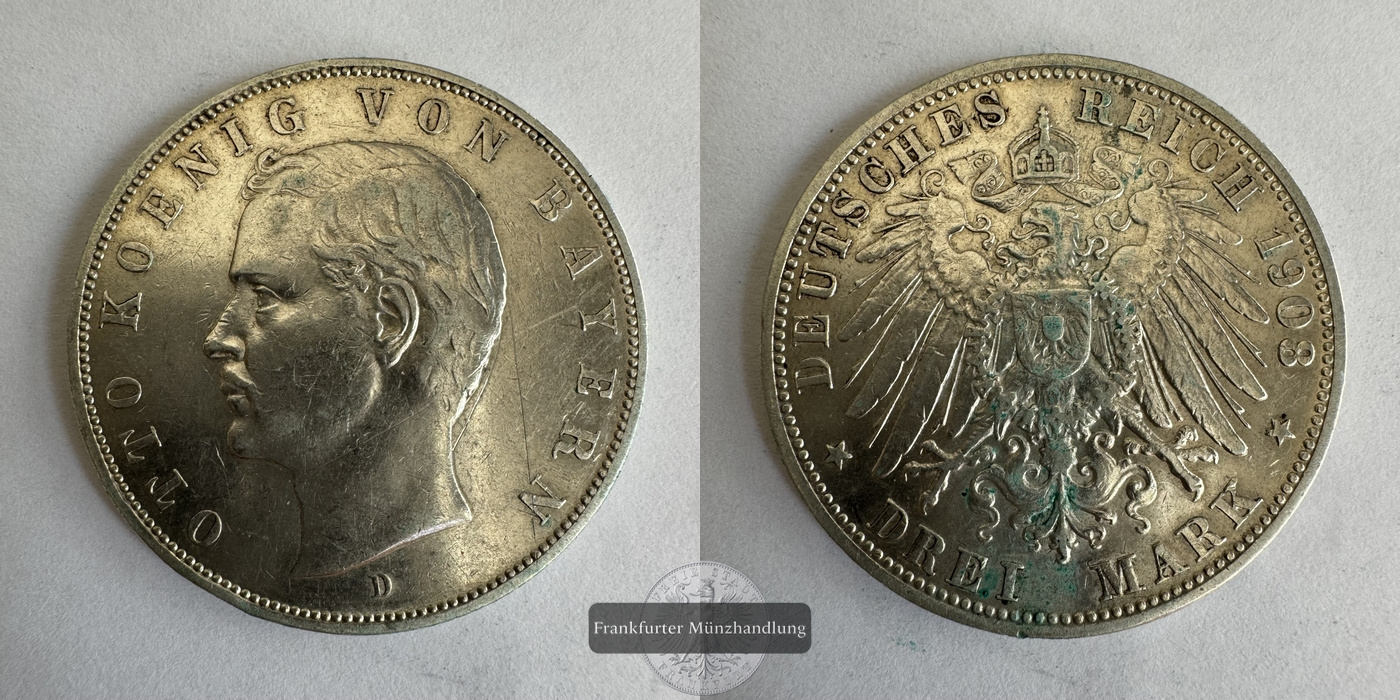  Dt. Kaiserreich Bayern 3 Mark 1908 Otto FM-Frankfurt KM#996 Feinsilber: 15g   