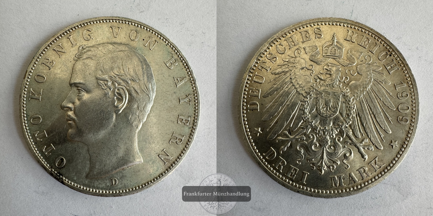  Dt. Kaiserreich Bayern 3 Mark 1909 Otto FM-Frankfurt KM#996 Feinsilber: 15g   