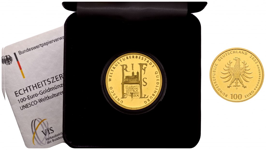 PEUS 2637 BRD 15,55 g Feingold. Quedlinburg mit Etui + Zertifikat 100 Euro GOLD 2003 D München Stempelglanz (Kapsel)