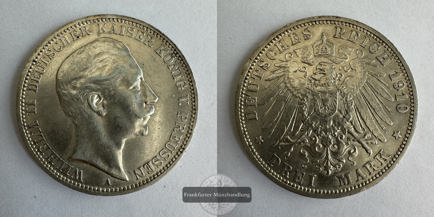  Dt. Kaiserreich, Preussen 3 Mark 1910 A Wilhelm II FM-Frankfurt KM#527 J#103 Feinsilber: 15g   
