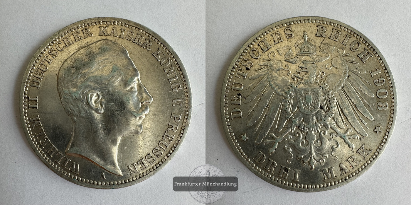  Dt. Kaiserreich, Preussen 3 Mark 1908 A Wilhelm II FM-Frankfurt KM#527 J#103 Feinsilber: 15g   
