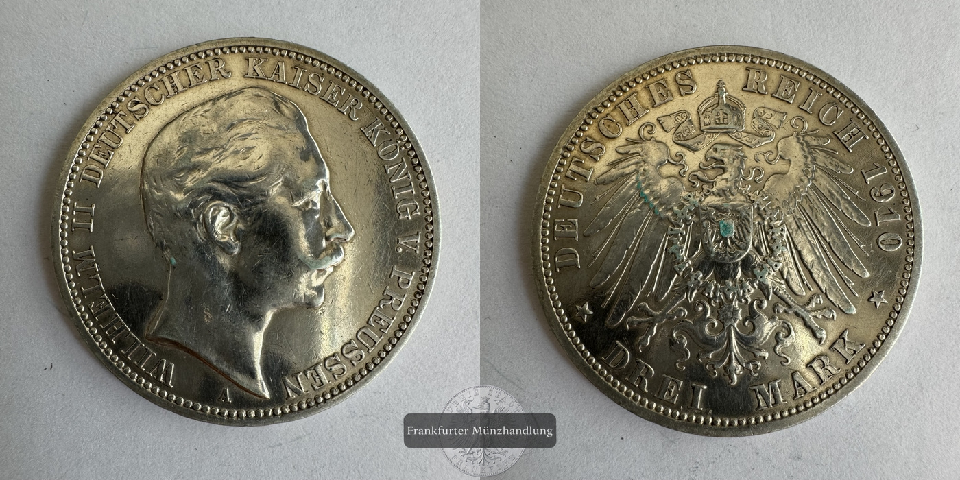  Dt. Kaiserreich, Preussen 3 Mark 1910 A Wilhelm II FM-Frankfurt KM#527 J#103 Feinsilber: 15g   