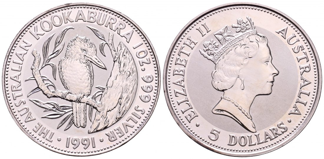 PEUS 2650 Australien 31,1 g Feinsilber. Kookaburra auf Ast 5 Dollars SILBER Unze 1991 Uncirculated
