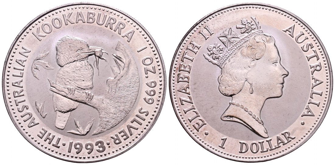 PEUS 2651 Australien 31,1 g Feinsilber. Kookaburra füttert Jungen Dollar SILBER Unze 1993 Uncirculated