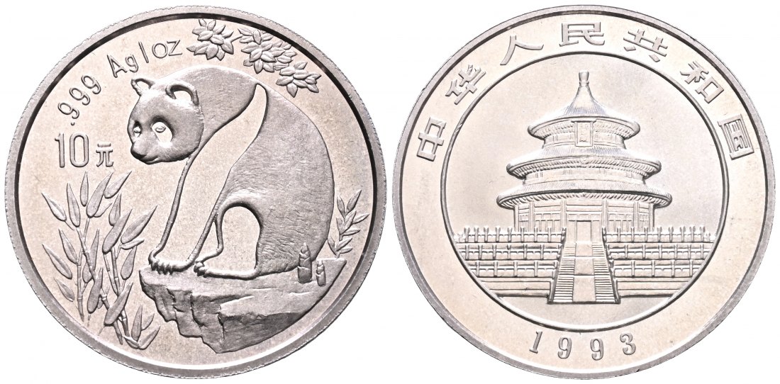 PEUS 2652 China Volksrepublik 31,1 g Feinsilber. Panda auf flachem Felsen 10 Yuan SILBER Unze 1993 Winzige Kratzer, fast Stempelglanz